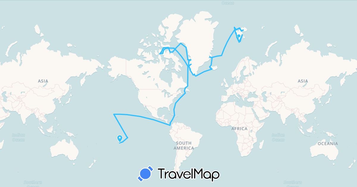 TravelMap itinerary: driving, boat in Canada, Greenland, Iceland, French Polynesia, Svalbard and Jan Mayen, United States (Europe, North America, Oceania)